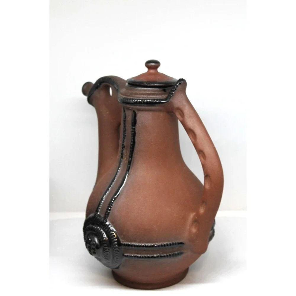 Bulgarian Clay Pottery Pitcher w/Sculptural Handle Decorative Elements 6 Mugs